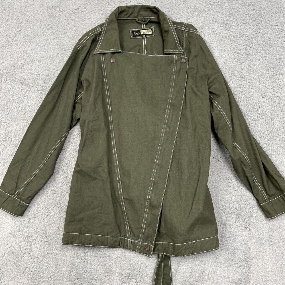 Suzanne Betro Denim Jacket Womens 2XL Olive Green Belted Coat Zip Up - Picture 1 of 16